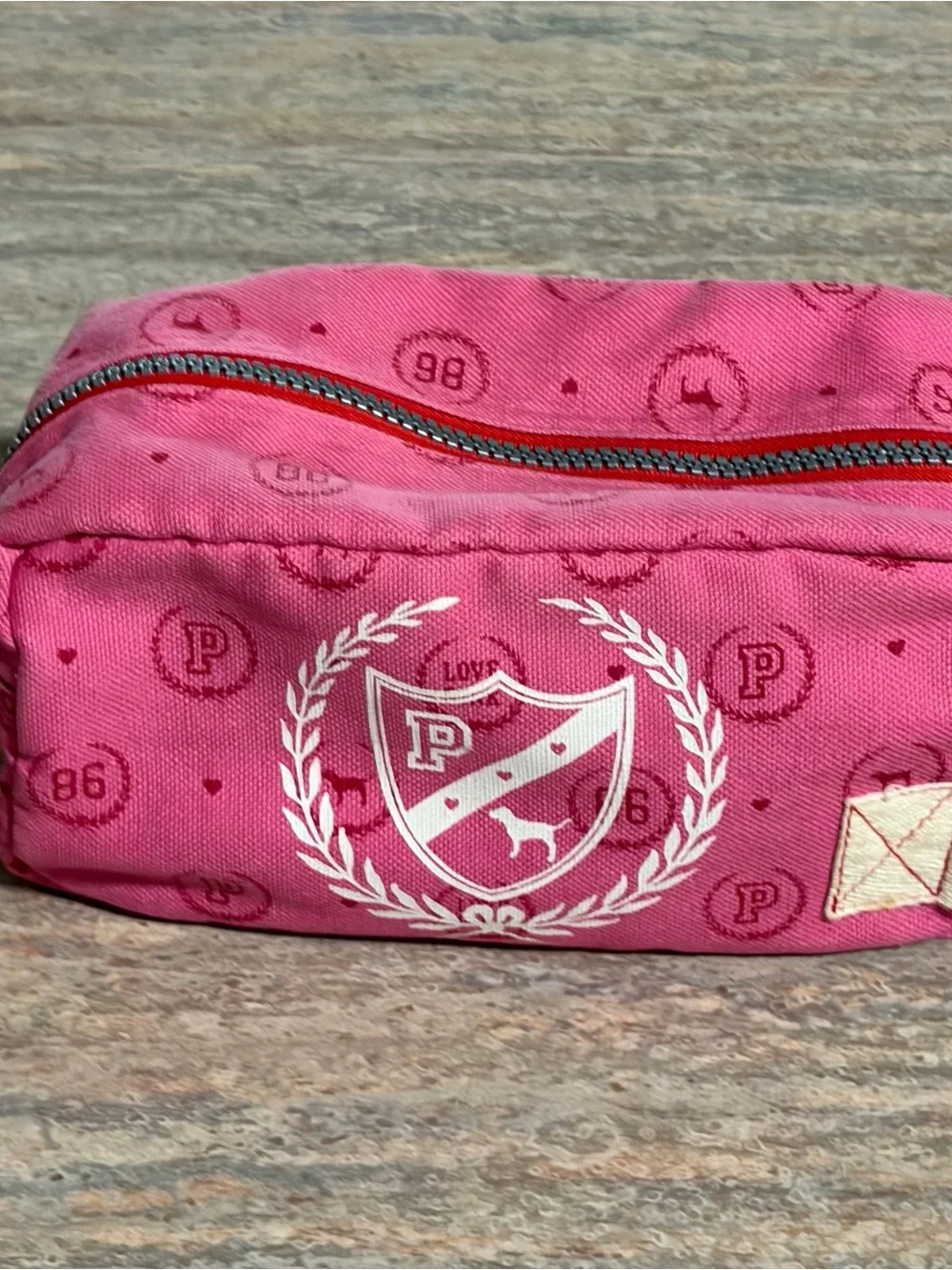 Pink Victoria’s Secret Vintage Pink and White Pouch with Crest and Dog Logo